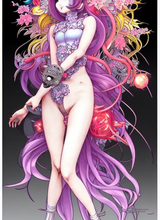 Image similar to pokemon highly detailed artgerm terada katsuya artstation manga poster of girl mechine, hajime sorayama, rainbow gradient bloom, long hair, armor, dress, laces, ruffles, 8 k, maximalist, alphonse mucha
