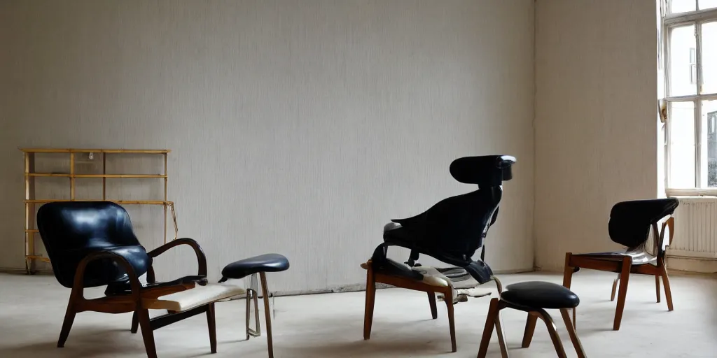 Image similar to a optimal chair in a livingroom designed by marcel broodthaers