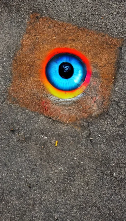 Image similar to photo of a human eye open on an asphalt road, realistic photo, shot with a gopro, looming, colorful, eerie