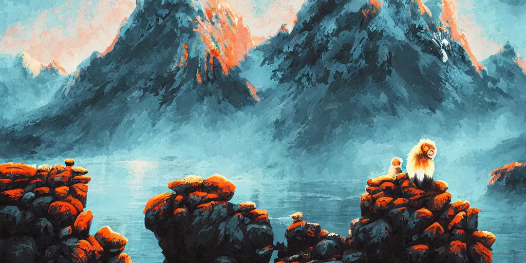 Prompt: artwork by Anato Finnstark, snow monkeys at the mountain spa