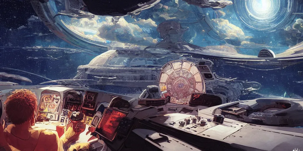 Prompt: a scene of Buddha in the cockpit of a spaceship, digital painting, 4k wallpaper, intricate detail, brush strokes, masterpiece, by Ilya Kuvshinov, by Rembrandt, by Thomas Kinkade, by Moebius, By Tite Kubo, by Kentaro Miura, beautiful, gorgeous, hyperspace