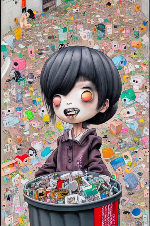 Prompt: full view, from a distance, of anthropomorphic trashcan from japan, style of yoshii chie and hikari shimoda and martine johanna, highly detailed