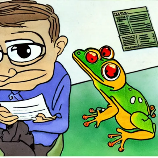 Prompt: frog son learns how to do his taxes colorized archival footage