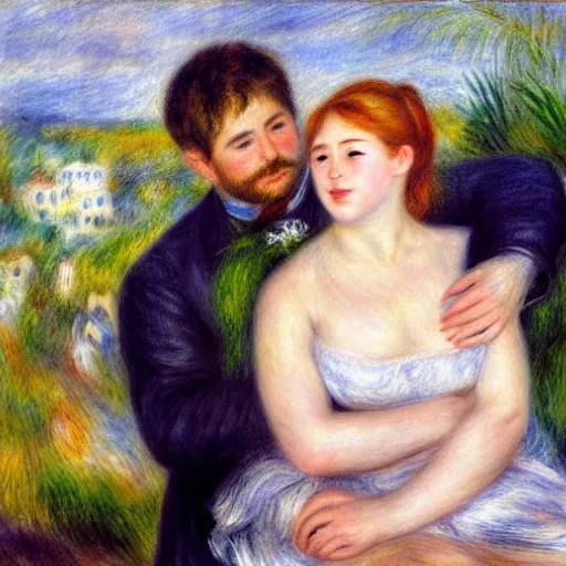 Image similar to in the style of Pierre-Auguste Renoir, I dreamt that we left all the pain and sorrows behind. We looked into our eyes as we placed our hands on each other’s chest, and all the love and happiness that had been dampened by our wounds emerged like a sprout. It felt like home. Our bodies were covered by soothing colors. Blue, violet, pink and white rays of light caressed our hearts, and suddenly, we were one. It was always meant to be that way, even though our heads tried to fool us in the past. We were one. ethereal lights, details, smooth, sharp focus, illustration, realistic, cinematic, artstation, award winning, rgb , unreal engine, octane render, cinematic light, macro, depth of field, blur, red light and clouds from the back, highly detailed epic cinematic concept art CG render made in Maya, Blender and Photoshop, octane render, excellent composition, dynamic dramatic cinematic lighting, aesthetic, very inspirational, arthouse.