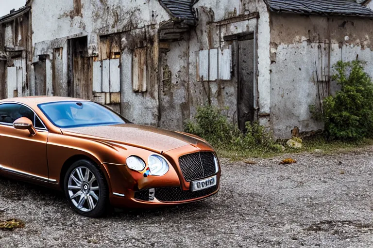 Image similar to modern rusty Bentley Continental GT without gloss no reflections drives along the road of an old Russian village with houses at the edges