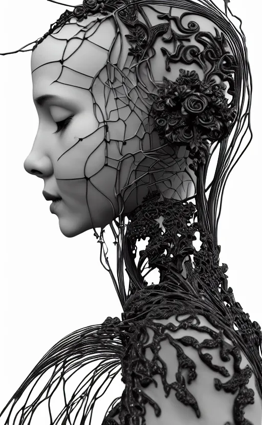 Image similar to black and white complex 3d render of 1 beautiful profile woman porcelain face, vegetal dragon cyborg, 150 mm, sinuous flower stems, roots, leaves, fine lace, maze-like, mandelbot fractal, anatomical, facial muscles, cable wires, microchip, elegant, highly detailed, black metalic armour with silver details, rim light, octane render, H.R. Giger style, David Uzochukwu