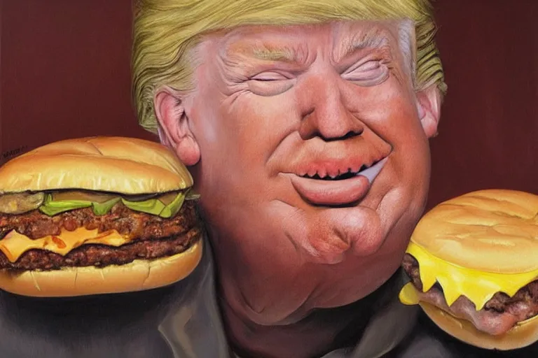 Image similar to realistic painting by jenny saville of!! donald trump!! licking a! cheeseburger!, art by jenny saville and tom bagshaw, detailed, sharp, smooth,! hamburger!