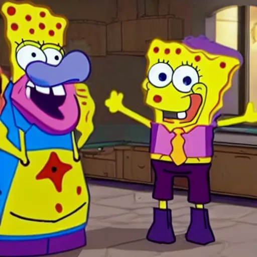 Prompt: spongebob and thanos cooking in hotel as master chef