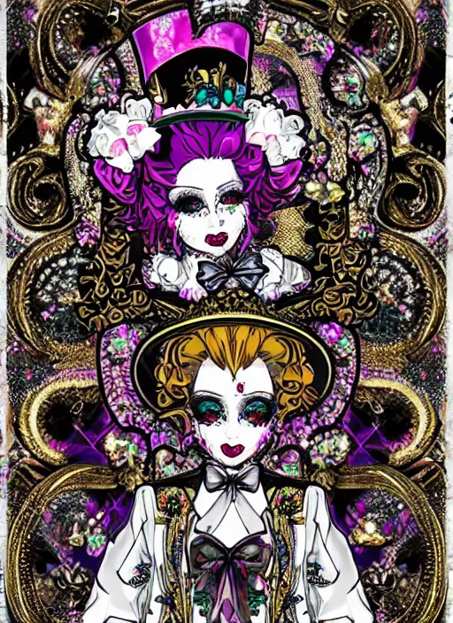 Image similar to baroque bedazzled gothic royalty frames surrounding a pixelsort emo demonic horrorcore Japanese maximalist decora Mad Hatter, sharpened early computer graphics, remastered chromatic aberration