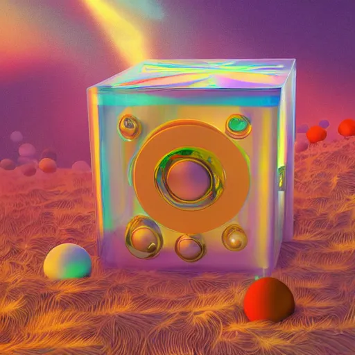 Image similar to transparent iridescent technological land square falcon milk nut chest, by simon bisley and georgia o'keeffe and mike winkelmann, groovy, seapunk, 4 k