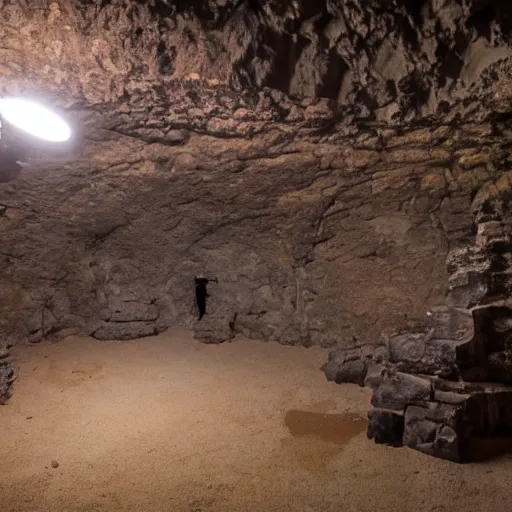 Prompt: a fighting stone-arena, inside a cave, with torches on the walls