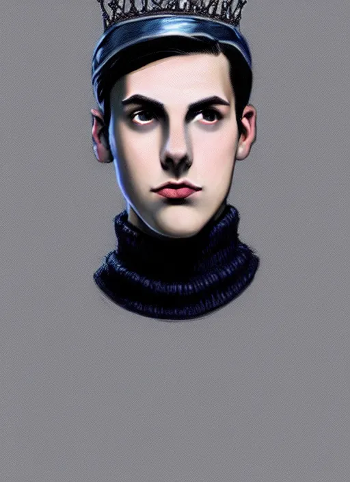 Image similar to portrait of teenage jughead jones wearing a light grey crown, crown, blue turtleneck, 1 9 5 0 s, closed eyes, photorealistic, black hair, glowing lighting, intricate, elegant, glowing lights, highly detailed, digital painting, artstation, concept art, smooth, sharp focus, illustration, art by wlop, mars ravelo and greg rutkowski