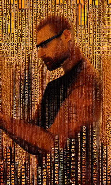 Image similar to cinematic dramatic movie poster of a short beard hypnotist, made of binary numbers and programming code, by peter gric, very artistic, artstation