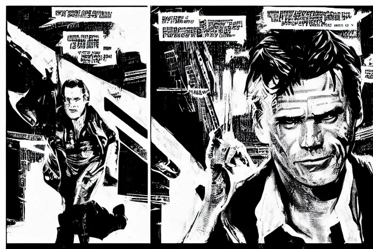 Image similar to jim carrey in the blade runner, a page from cyberpunk 2 0 2 0, style of paolo parente, style of mike jackson, adam smasher, johnny silverhand, 1 9 9 0 s comic book style, white background, ink drawing, black and white