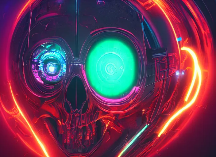 Image similar to a futuristic skull with glowing eyes and a wormhole tunnel, cyberpunk art by dan mumford, behance contest winner, computer art, darksynth, synthwave, rendered in cinema 4 d