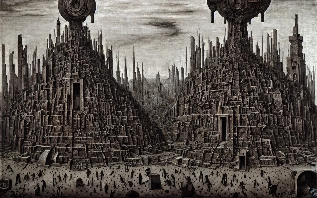 Image similar to the temple of the cybernetic ai god, art by pieter bruegel the elder and zdzisław beksinski, intricate details, trending on artstationhq and wikiart