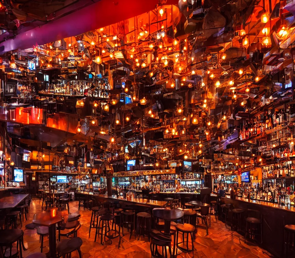 Image similar to a full shot of an entire bar restaurant with orange lighting, nighttime