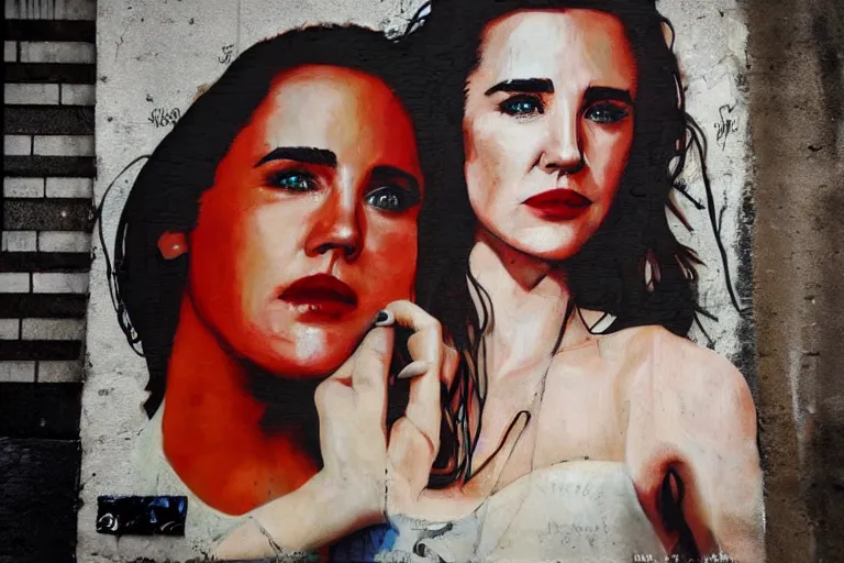 Prompt: Street-art portrait of Jennifer Connelly (1990), in style of Seaty