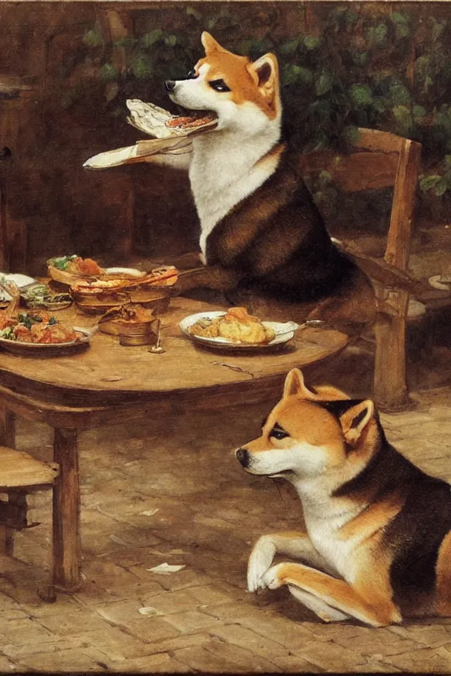 Image similar to a shiba inu eating lunch in colonial - era manila, in the style of juan luna, 8 k, highly detailed, artistic, romanticism art style