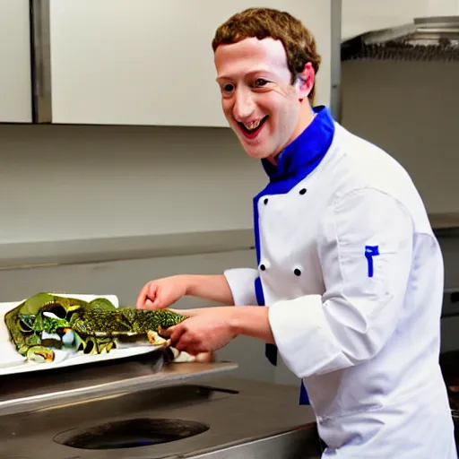 Image similar to mark zuckerberg as a chef offering you a live frog on a plate