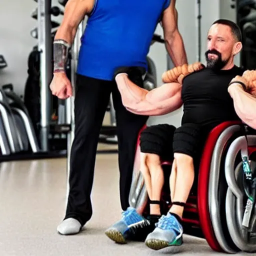 Image similar to pablo echenique robba as a bodybuilder in a gym lifting weights sitting in his wheelchair