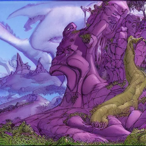 Image similar to The Purple People Eater :: extremely detailed landscape :: concept art by Don Bluth :: a masterpiece by Alan Davis ::