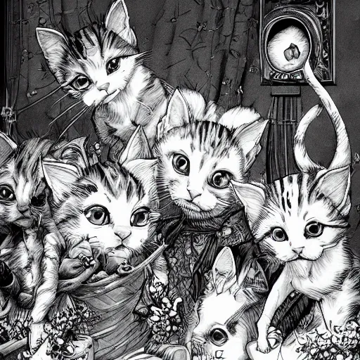 Image similar to Kittens summoning milk bones manga panel award winning black and white art by Kim Jung Gi highly detailed pen and ink matte painting