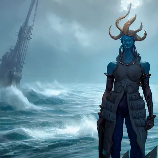 Image similar to a dramatic portrait of a triton warlock, blue skin, sharklike person, standing on a ship deck by Greg Rutkowski, ultra realistic, photorealistic 8k, cinematic lighting, HD, high detail, atmospheric, trending on artstation