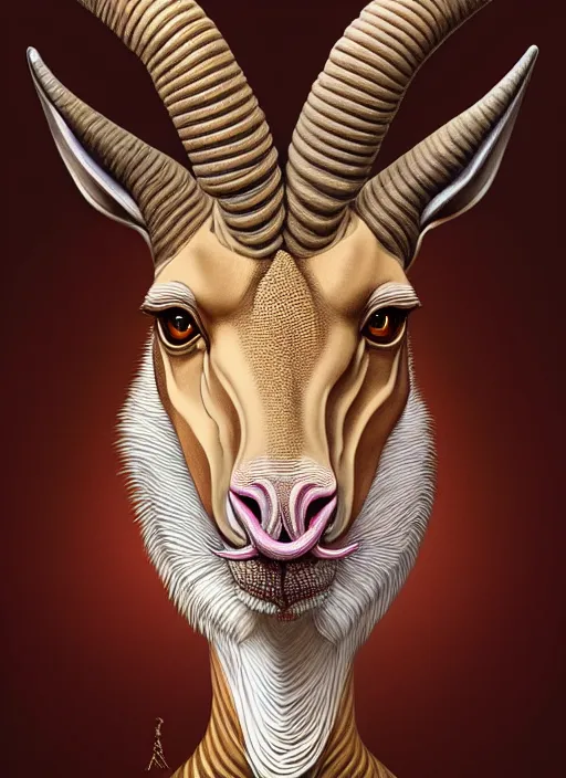 Image similar to anthropomorphic enneacontagon head in edgy darkiron gazelle, intricate, elegant, highly detailed animal monster, digital painting, artstation, concept art, smooth, sharp focus, illustration, art by artgerm, dwayne barlowe, trending on artstation and greg rutkowski and alphonse mucha, 8 k