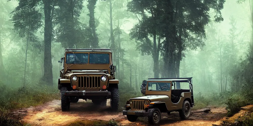 Image similar to willys jeep, in kerala forest road in 1921, chasing action scene, an epic fantasy, dramatic lighting, cinematic, establishing shot, extremely high detail, photorealistic, cinematic lighting, matte painting, artstation, by simon stalenhag, shadow of the tomb rider
