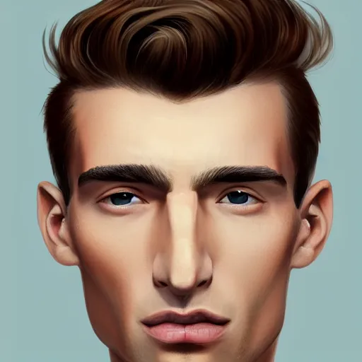 Image similar to tall man in his twenties with brown blond short quiff hair and thin slightly round facial structure with cleft chin, straight eyebrows and prominent nose, good definition of cheekbones, big hazel nut brown eyes, narrow face, slim body, atmospheric lighting, painted, intricate, 4 k, highly detailed by charlie bowater