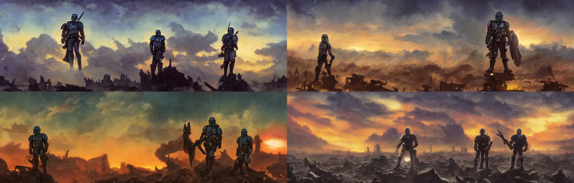 Prompt: close up mid shot of mandalorian with backlight watching giant atomic nuclear war explosion cloud on neptune graveyard wasteland with fog during moody sunset , panoramic cinematic very sharp oil painting by frazetta