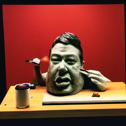 Image similar to modern art, abstract sculpture of bill hicks puking himself, smoking, moma, studio light, 8 k