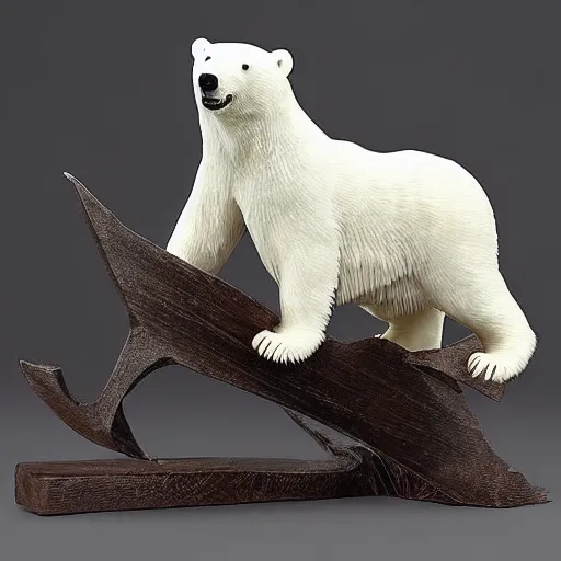 Image similar to biden riding a polar bear, metal sculpture