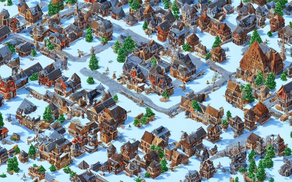 Prompt: small winter town surrounded by the sea of a top down game, it has 1 castle and many small houses and hotels, castle walls, no ui