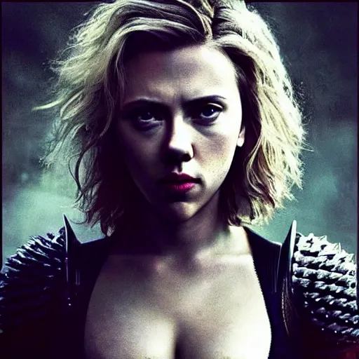 Prompt: “Scarlett Johansson portrait, dystopia core, hyperrealistic, apocalyptic, highly detailed exoskeleton armor, dramatic, sharp focus, hero, gape, epic”