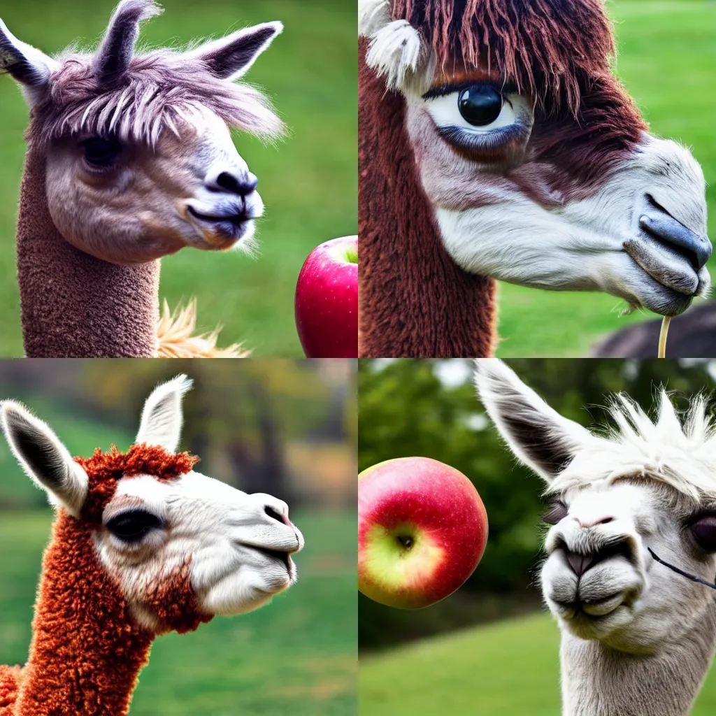 Prompt: a photo of a cute llama eating an apple