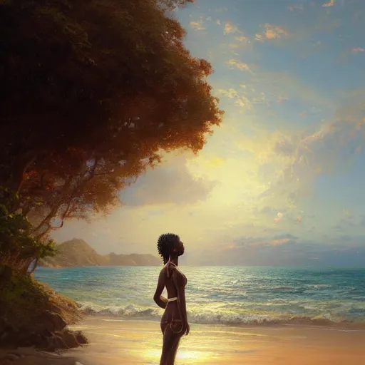 Prompt: A beautiful painting of a singular Jamaican woman at the edge of the sea by Greg Rutkowski and Thomas Kinkade, Trending on Artstation cinematic 4k wallpaper, 8k, ultra detailed, high resolution, artstation, award winning