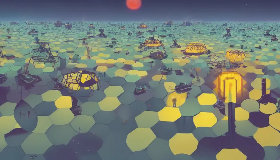 Prompt: many hexagons on the way to the sun, planet earth in foreground, simon stalenhag