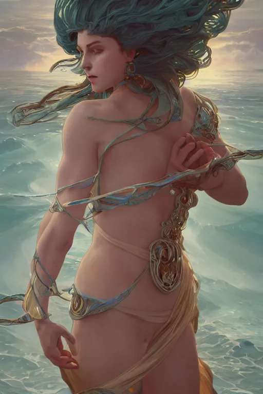 Image similar to goddess of the ocean, accurate anatomy, only two hands, highly detailed, digital painting, artstation, concept art, smooth, sharp focus, illustration, Unreal Engine 5, 8K, art by Ross Tran and greg rutkowski and alphonse Mucha and michelangelo