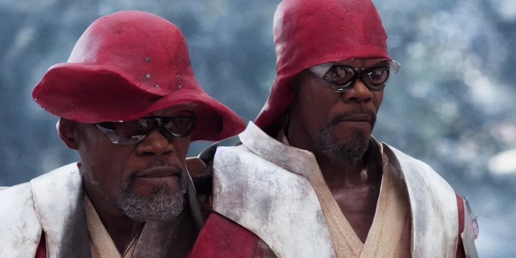 Prompt: a film still of samuel l. jackson starring in a japanese blockbuster film as yoshimitsu, shallow depth of field, cinematic, award winning cgi, vfx, film still