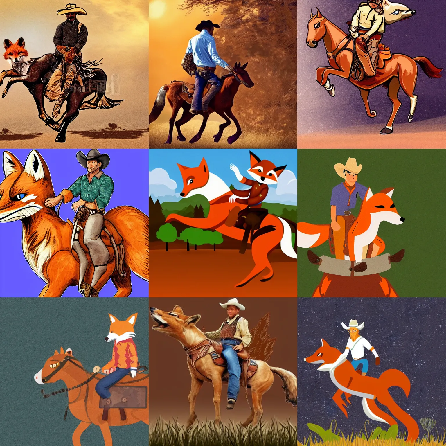 Prompt: A cowboy riding a fox. solid Background.