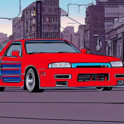 Image similar to beautiful hyper-detailed illustration of a ninja warrior with a sword, driving through the city, in a modified Nissan skyline r34