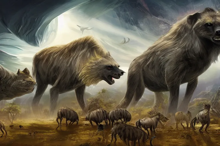 Image similar to colony of beautiful elegant otherworldy animals+hyenas, landscape, fantasy, sci-fi, concept art, speculative evolution, 4k ultra hd, digital art