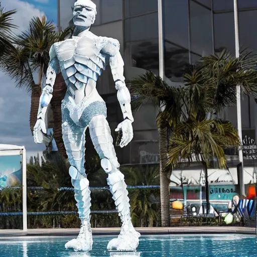 Image similar to twitch streamer / gamer ludwig, frozen ice statue, blank stare, a realistic detailed photo of a guy who is an attractive humanoid who is half robot and half humanoid, by the pool, posing like a statue, showing off his muscles, made of ice, shiny skin, on display, who is a male android, humanoid robot