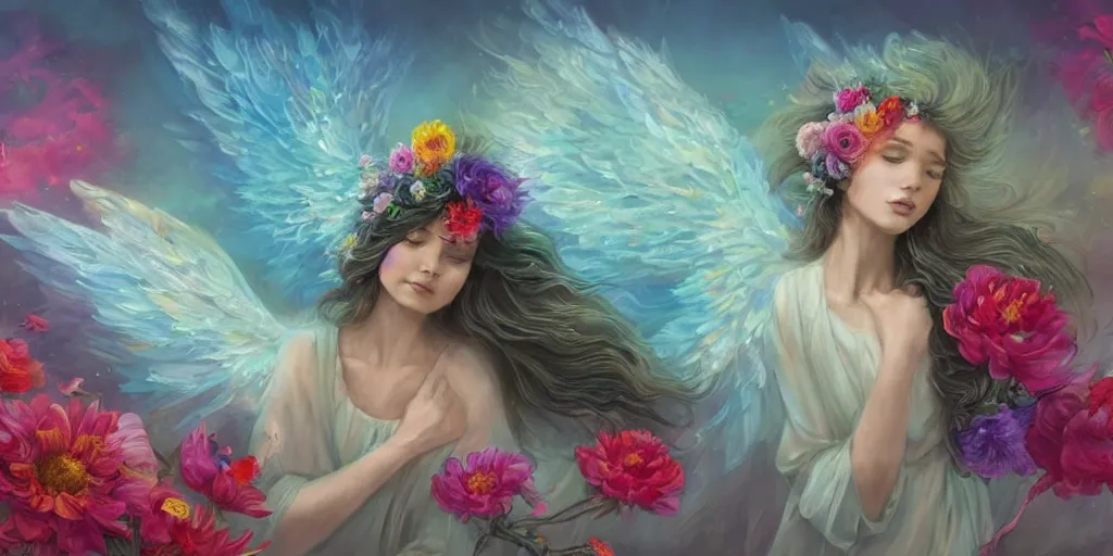 Prompt: a colorful and provenance illustration painting of a angel with her hugeflowers wings spread out gracefully ， detailed, highly detailed, dramatic lighting, hair made of hair made of air wind and curling smoke, mist, dust, genie, flowers, flower, stars, spirit fantasy concept art ， art by charlie bowater and aenami, trending on artstation.