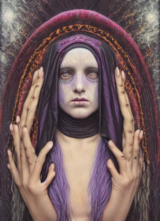 Image similar to acid tripping cult magic psychic woman, third eye, occult ritual, dark witch headdress, oil painting, robe, symmetrical face, greek dark myth, by John William Godward, Sean yoro, Anna Dittman, masterpiece