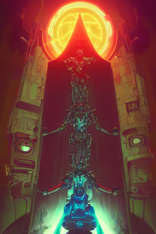 Image similar to cyberpunk blindfolded occultists worshipping a supernatural robot deity in a futuristic shrine, sci - fi concept art by bakaarts and darius puia and bartsy and sachin teng and pascal blanche and alphonse mucha and nekro and josan gonzalez, digital art, trending on artstation, 4 k, 8 k