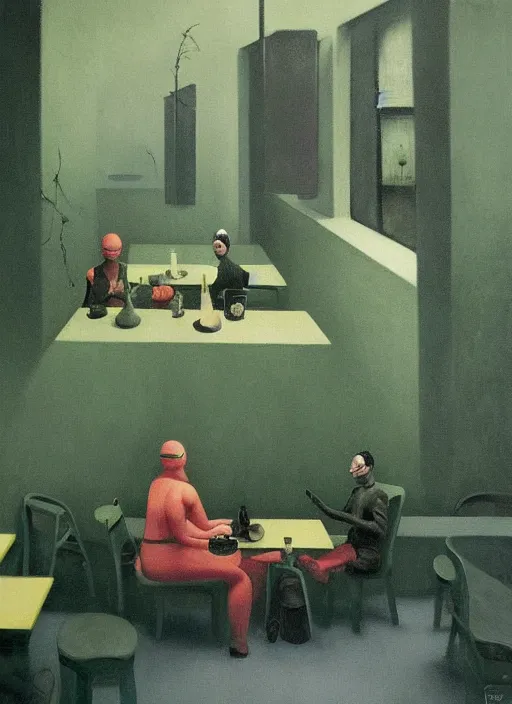 Image similar to spherical people with gas masks at restaurant overgrown with vegetation in the style of Edward Hopper and James Gilleard, Zdzislaw Beksinski, open ceiling, highly detailed, painted by Francis Bacon, painted by James Gilleard, surrealism, airbrush, Ilya Kuvshinov, WLOP, Stanley Artgerm, very coherent, art by Takato Yamamoto and James Jean