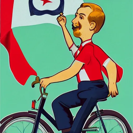 Image similar to portrait of mayor of budapest gergely karacsony riding a bicycle in summer shirt, hungarian propaganda poster, hungarian flag in the background, colored, artgerm, highly detailed